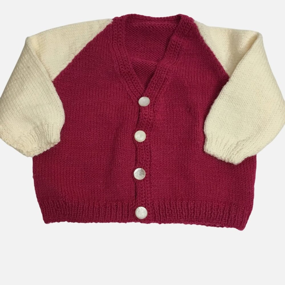 VTG 1950s Handmade Baby Cardigan Maroon & Cream Soft Knit Shell Buttons VBC